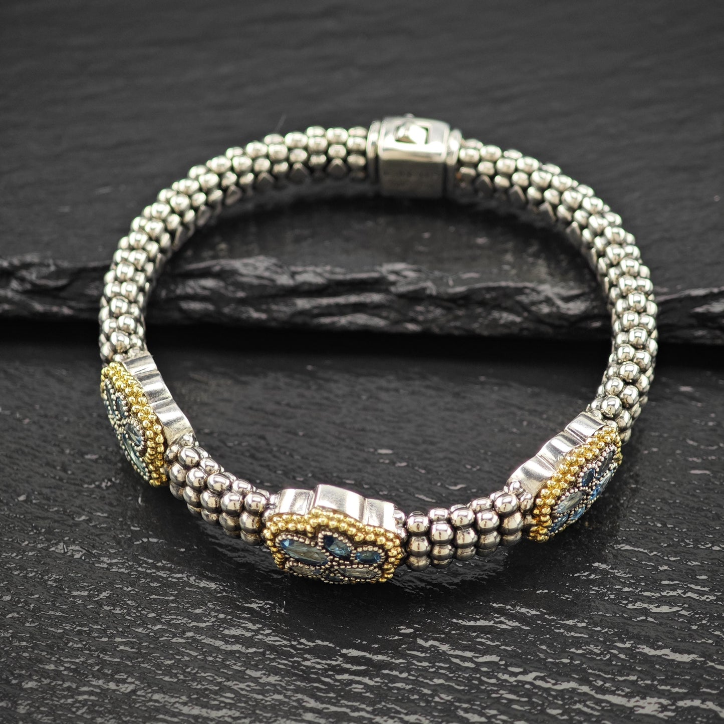 LAGOS 18K Yellow Gold, Blue Topaz Caviar Bracelet Sterling Silver Sz 6 1/4"