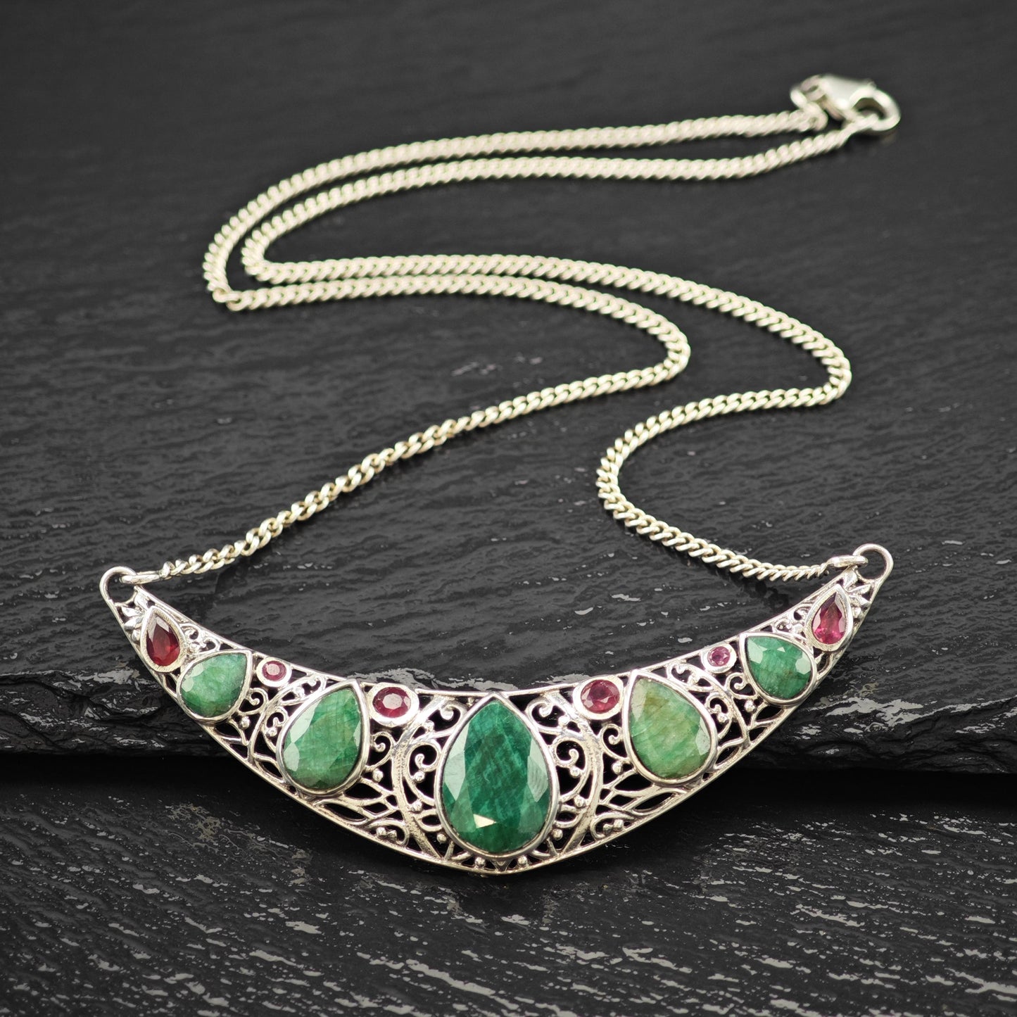 Sterling Silver Emerald Ruby Teardrop Necklace 20" N2633
