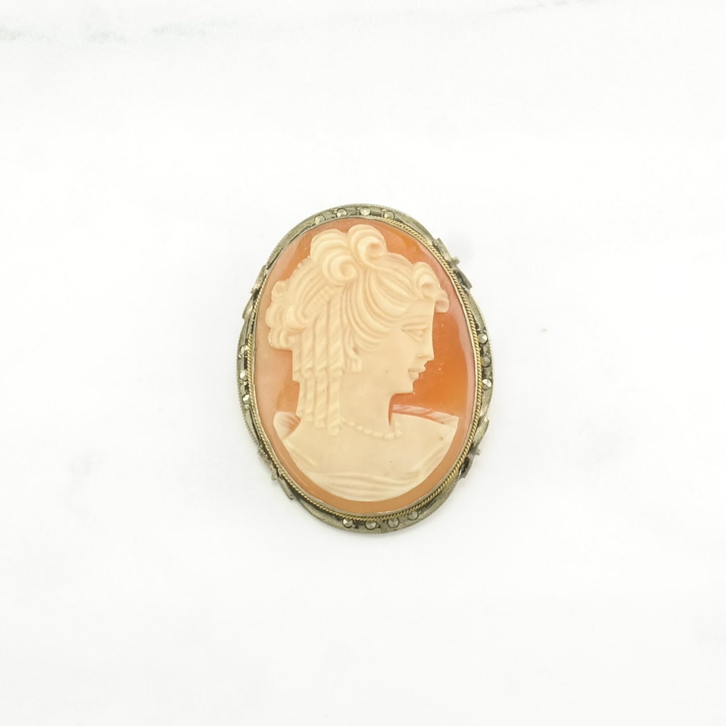 Orange Silver Brooch Pendant Female, Portrait, Marcasite Cameo Sterling B1839