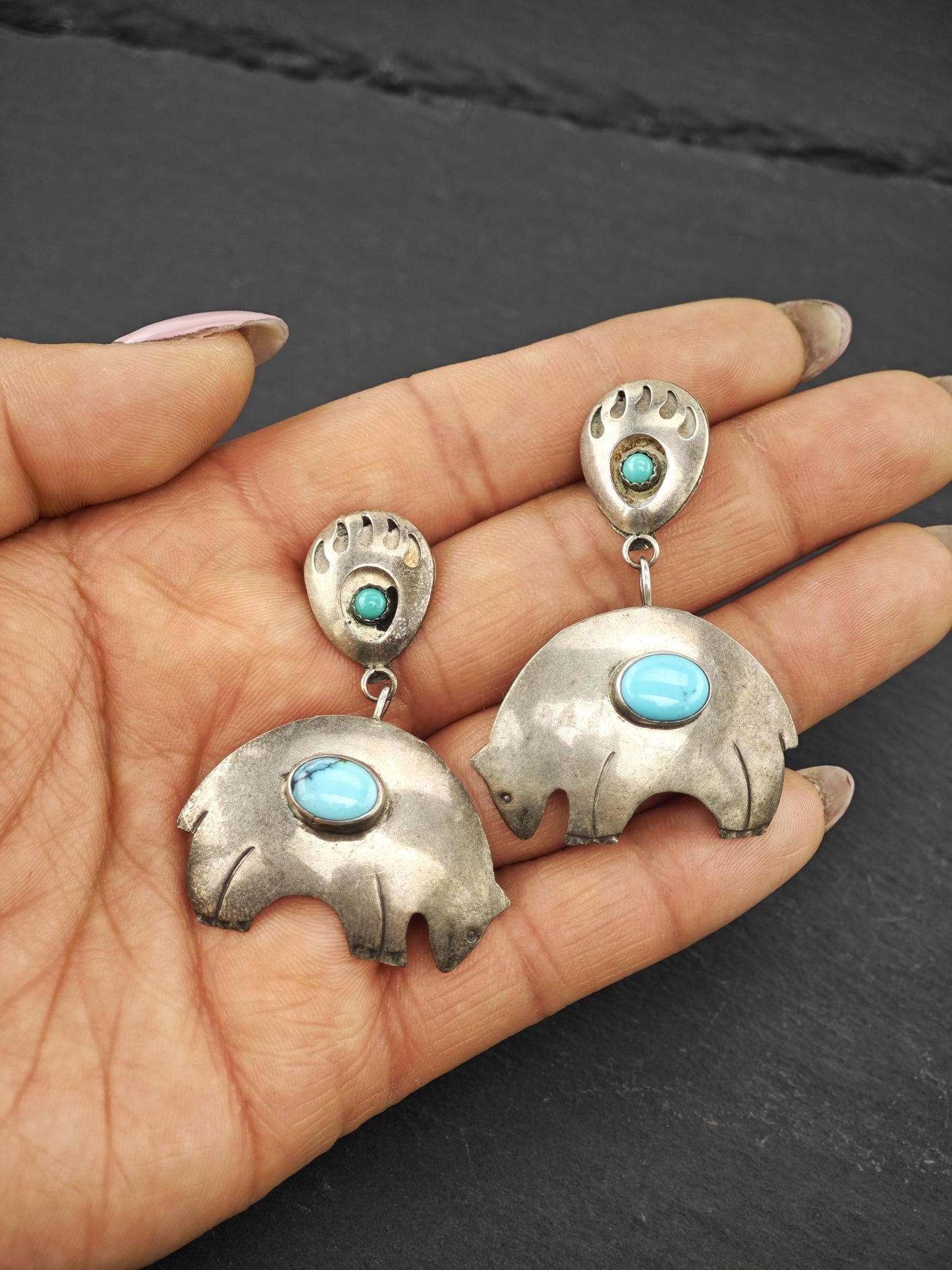 Native American, Turquoise Bear Stud/Dangle Earrings Sterling Silver