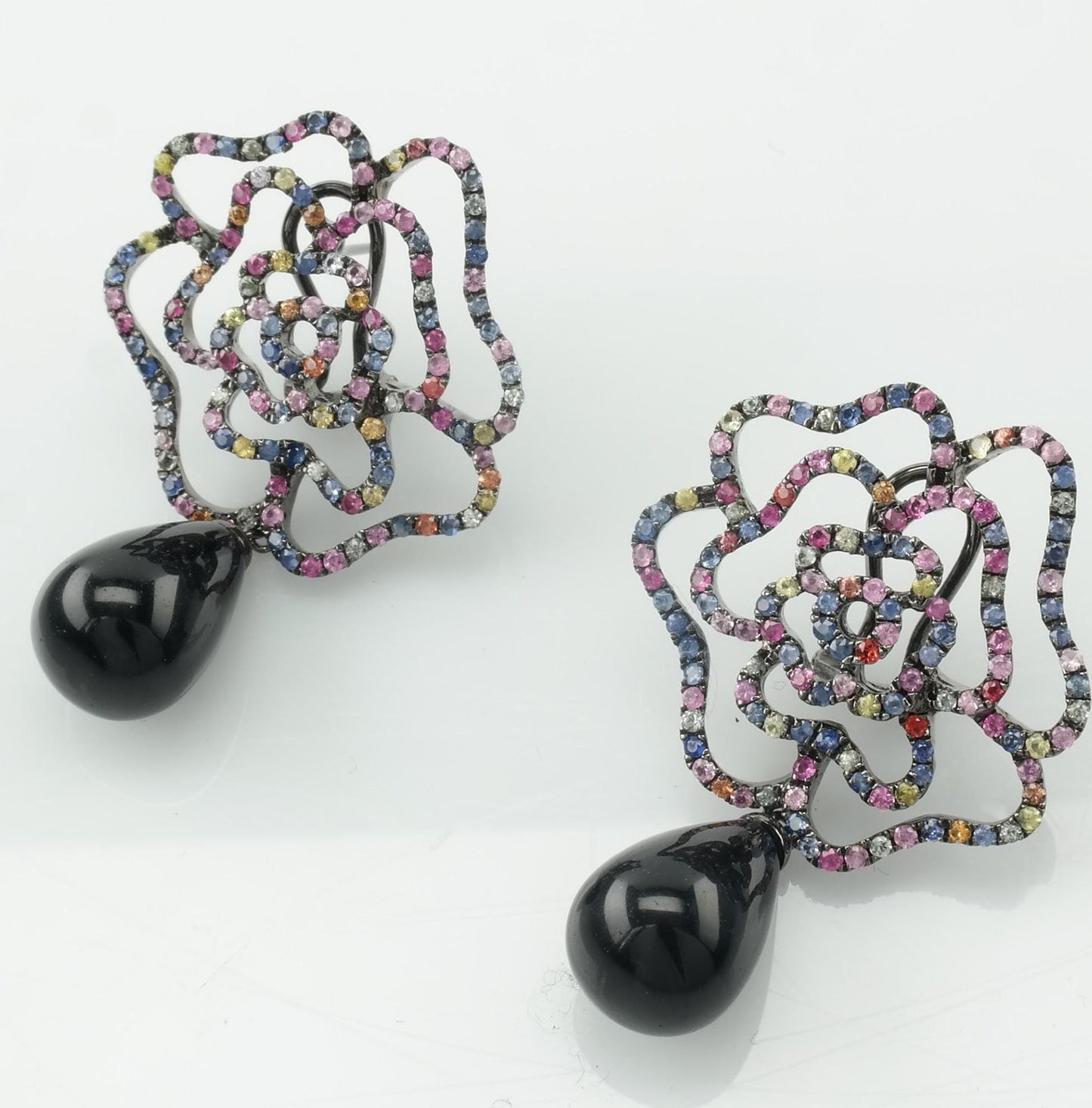 Levian Sterling Silver Multicolor Black Onyx Sapphire Floral Omega back Earrings