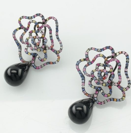 Levian Sterling Silver Multicolor Black Onyx Sapphire Floral Omega back Earrings