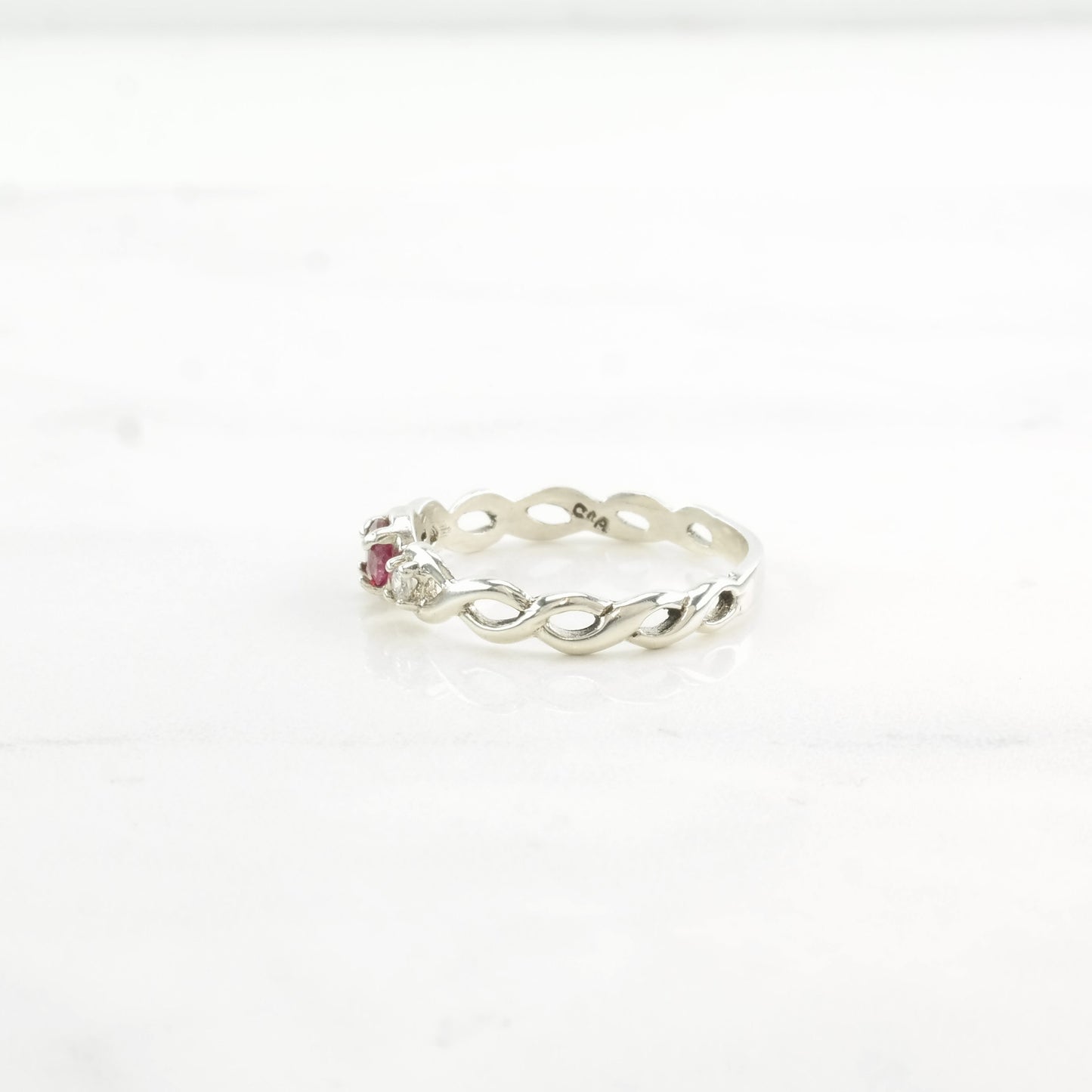 Vintage Sterling Silver Ring Ruby, CZ Twisted Size 8 1/2