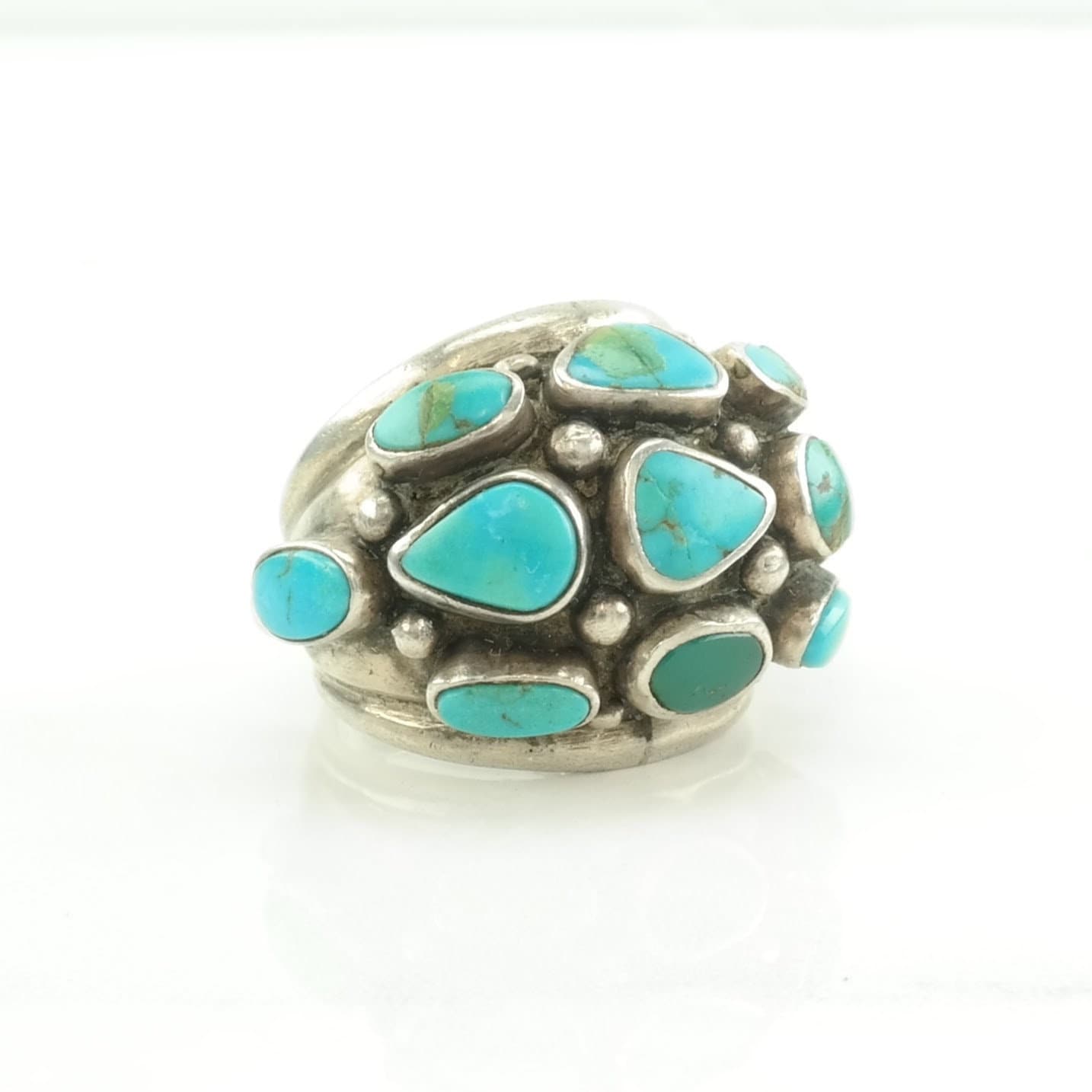 Native American Silver Ring Turquoise Cluster, Dome Sterling Blue Size 7 1/4