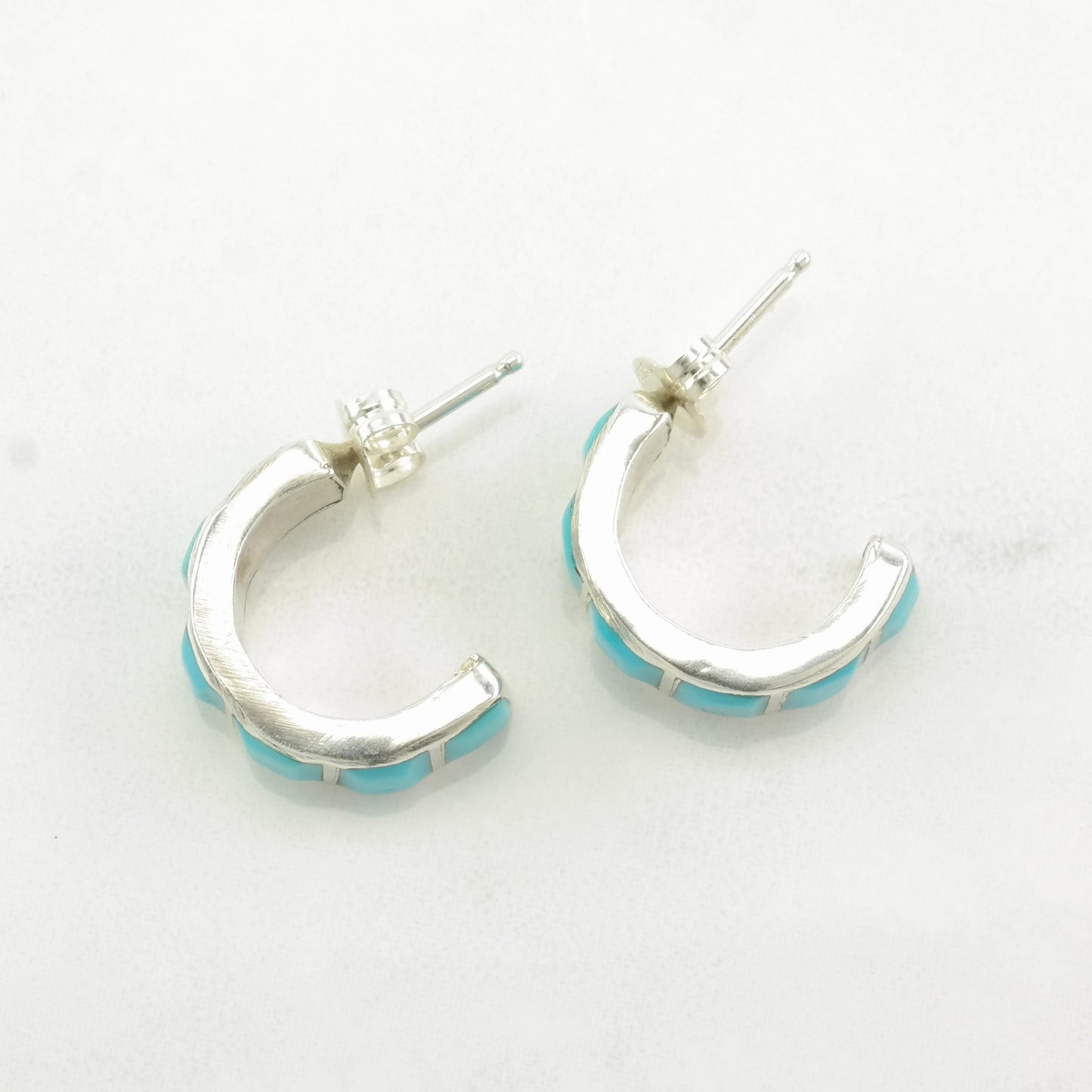 Southwest Sterling Silver Turquoise Inlay Earrings Stud Hoop