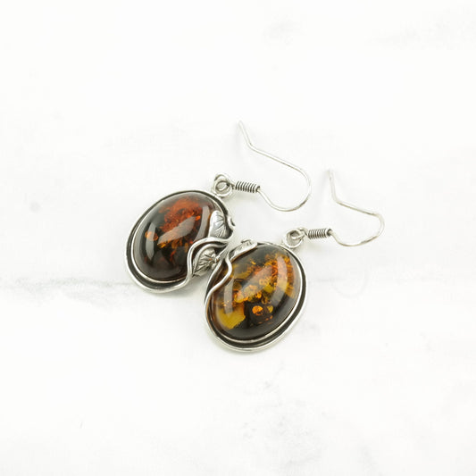 Sterling Silver Orange Amber Earrings Fish hook