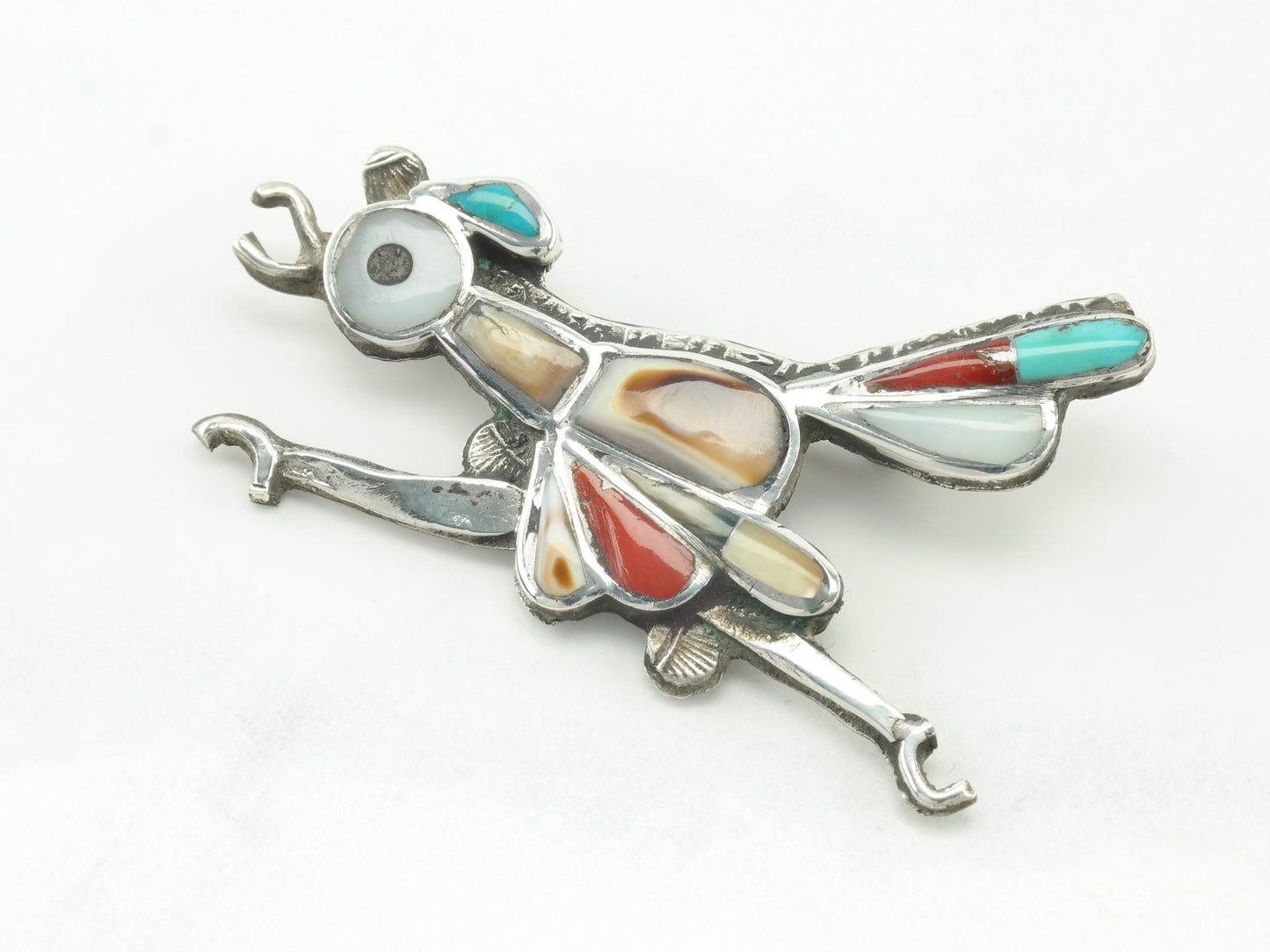 Zuni Brooch Roadrunner Multi Stone Inlay Sterling Silver