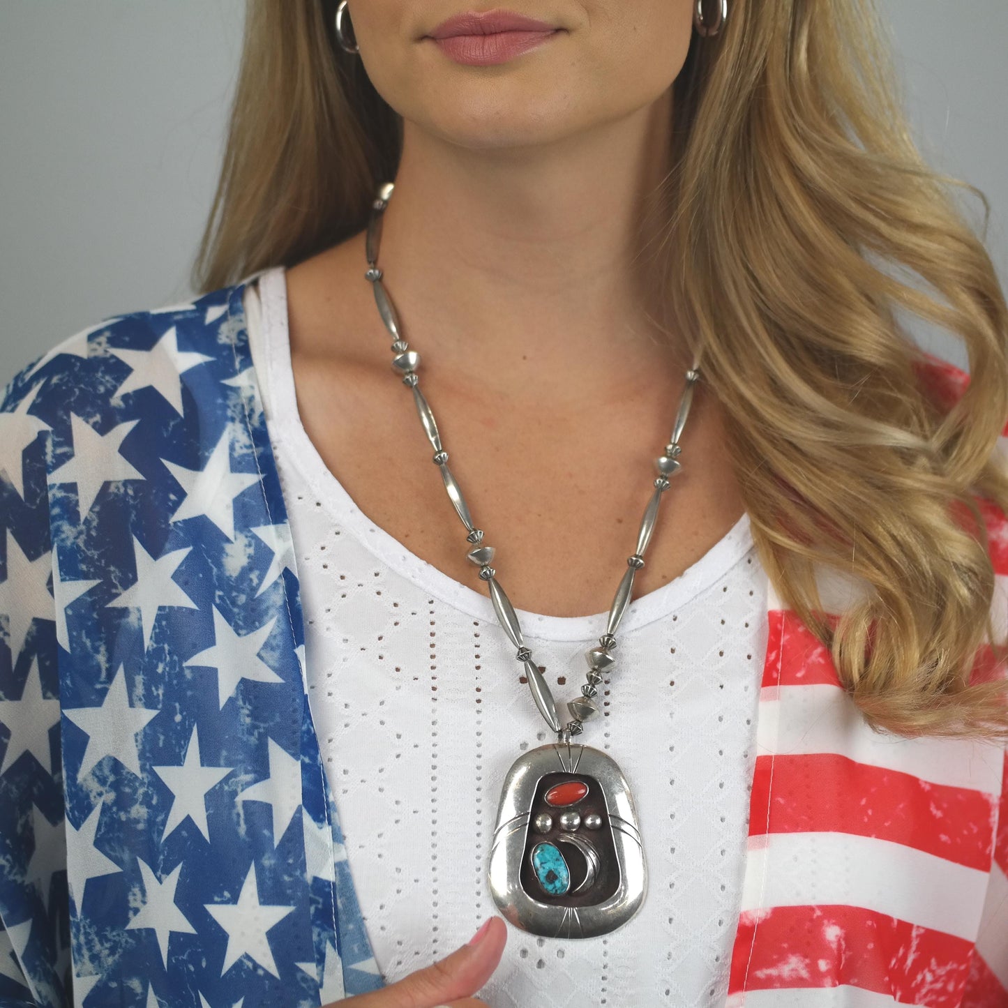 Native Sterling Silver Blue, Red Coral, Turquoise Shadowbox Necklace N2161