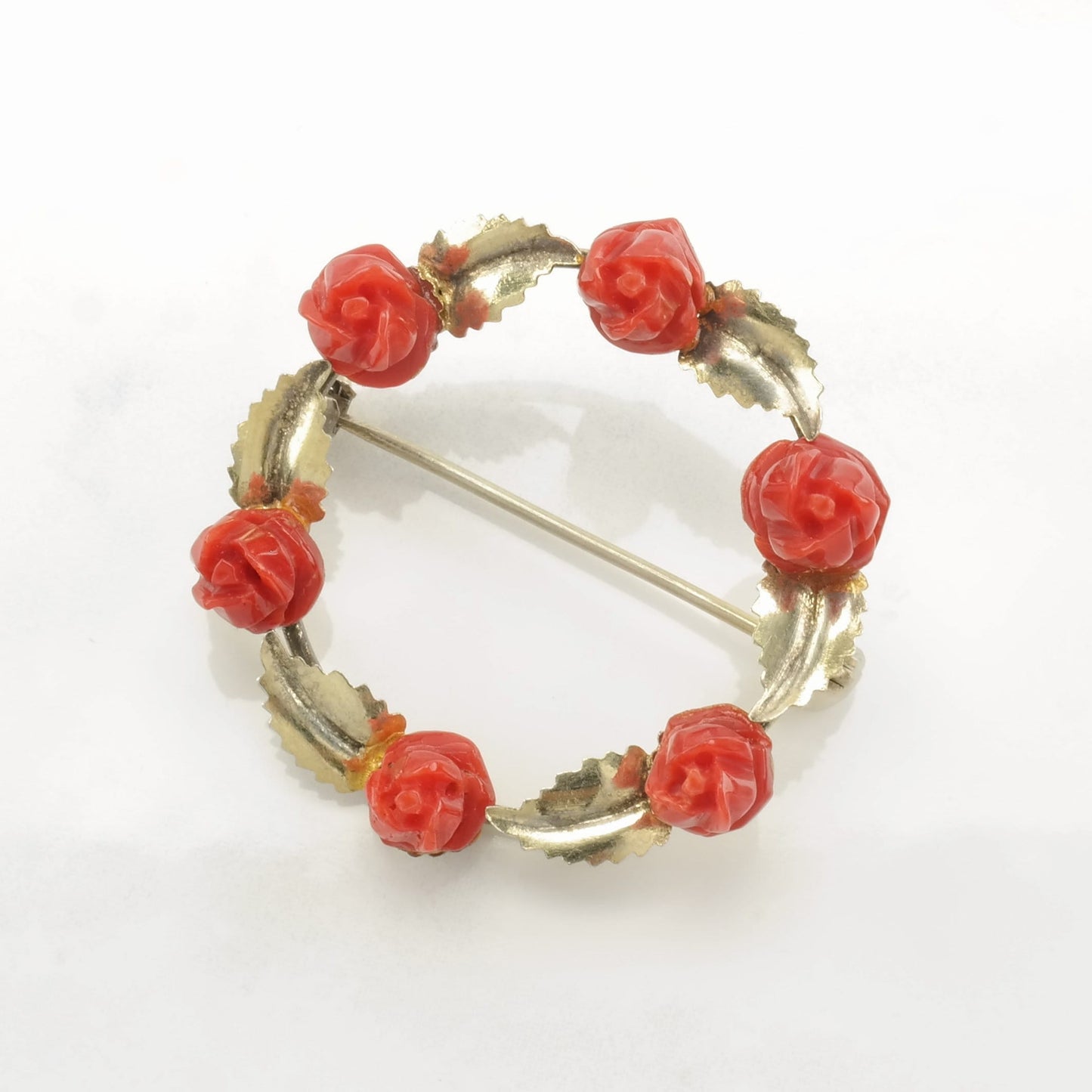 Silver Brooch Gold Tone Carved Coral Flower Sterling