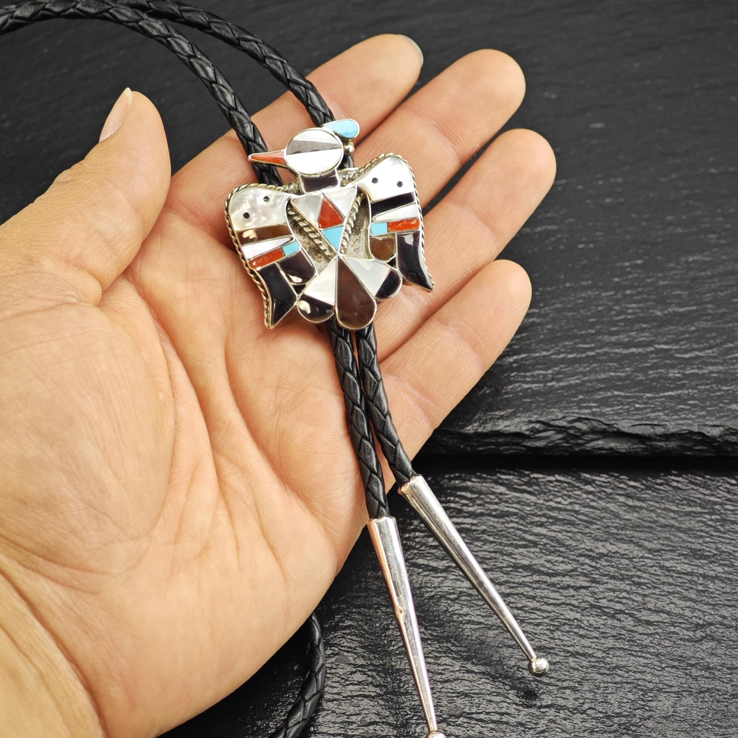 Vintage Native American Sterling Silver, Inlay Thunderbird Bolo Tie Necklace N2743