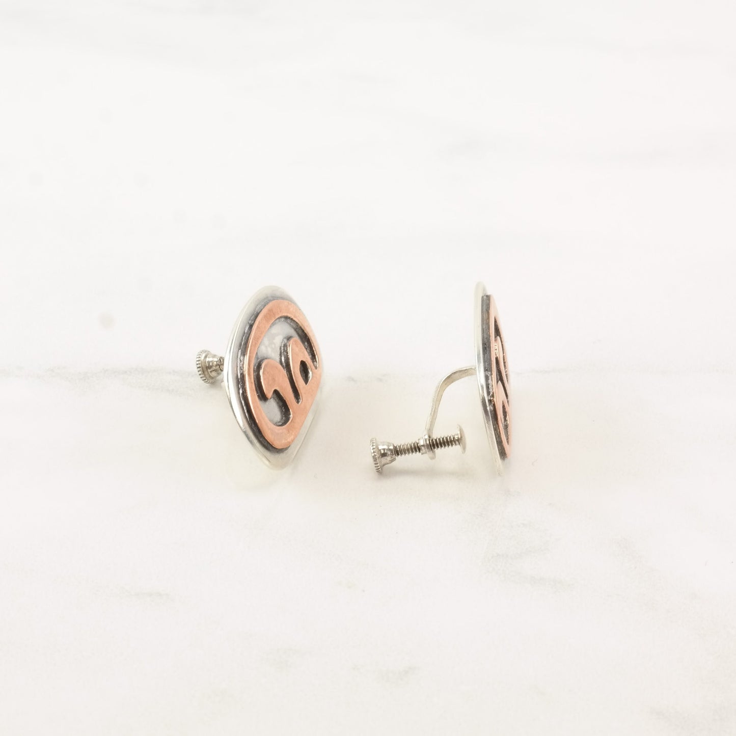 RWW Sterling Silver Copper Mixed Metal Modernist Earrings Screw back