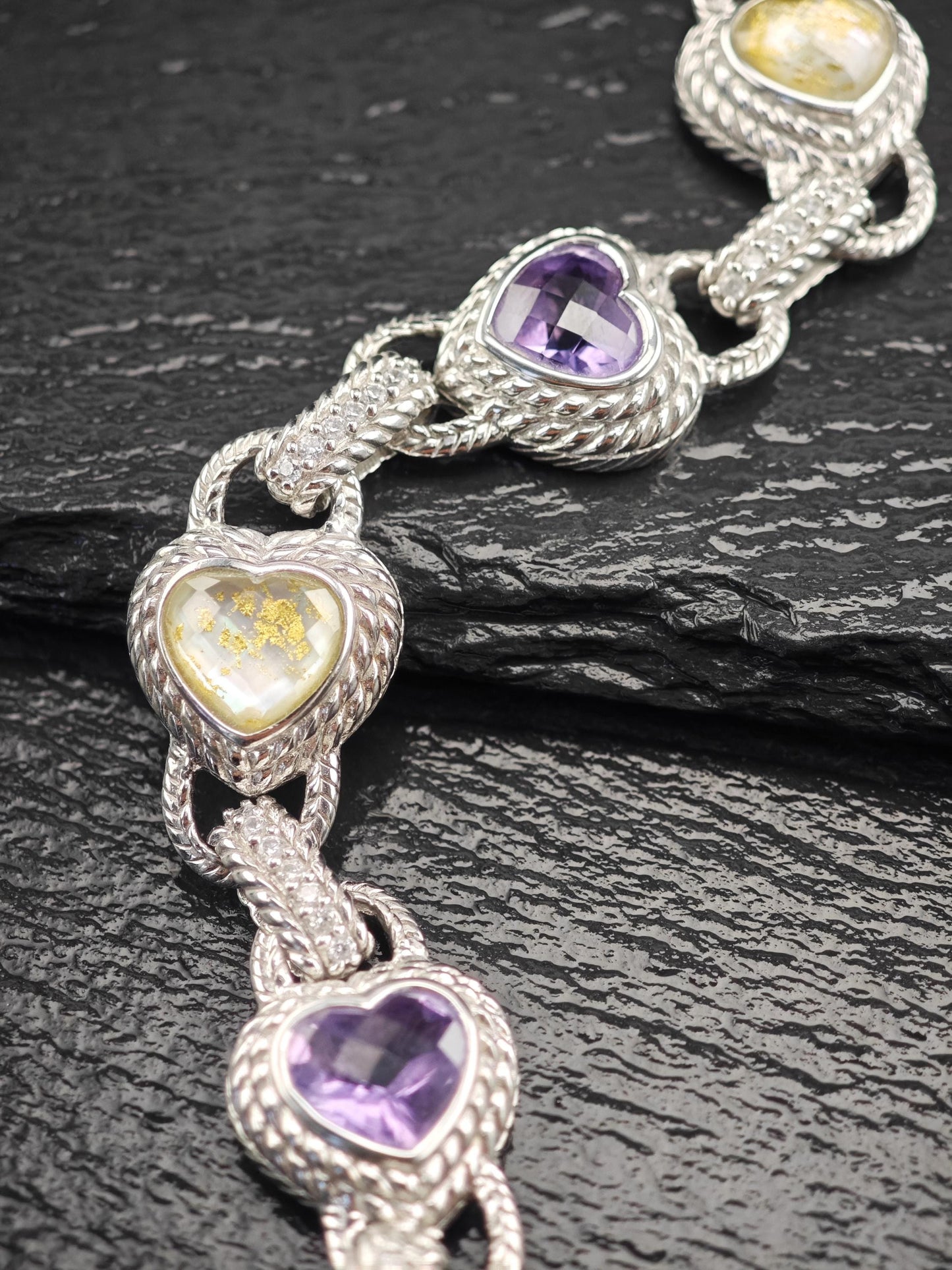 Judith Ripka Amethyst Heart & Doublet Link Bracelet Sterling Silver