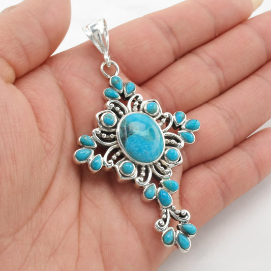 Vintage BBJ Reconstituted Turquoise Cross Sterling Silver Pendant