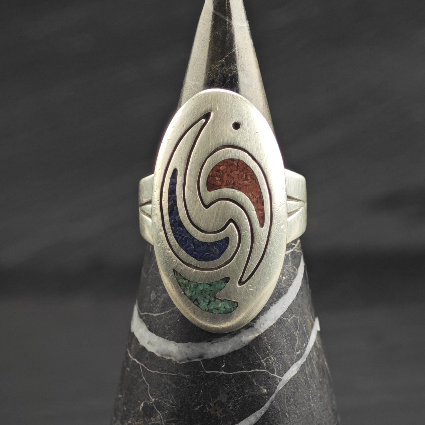 Carolyn Pollack Coral, Turquoise, Lapis Inlay Sterling Silver Ring Sz 7 3/4 R6756