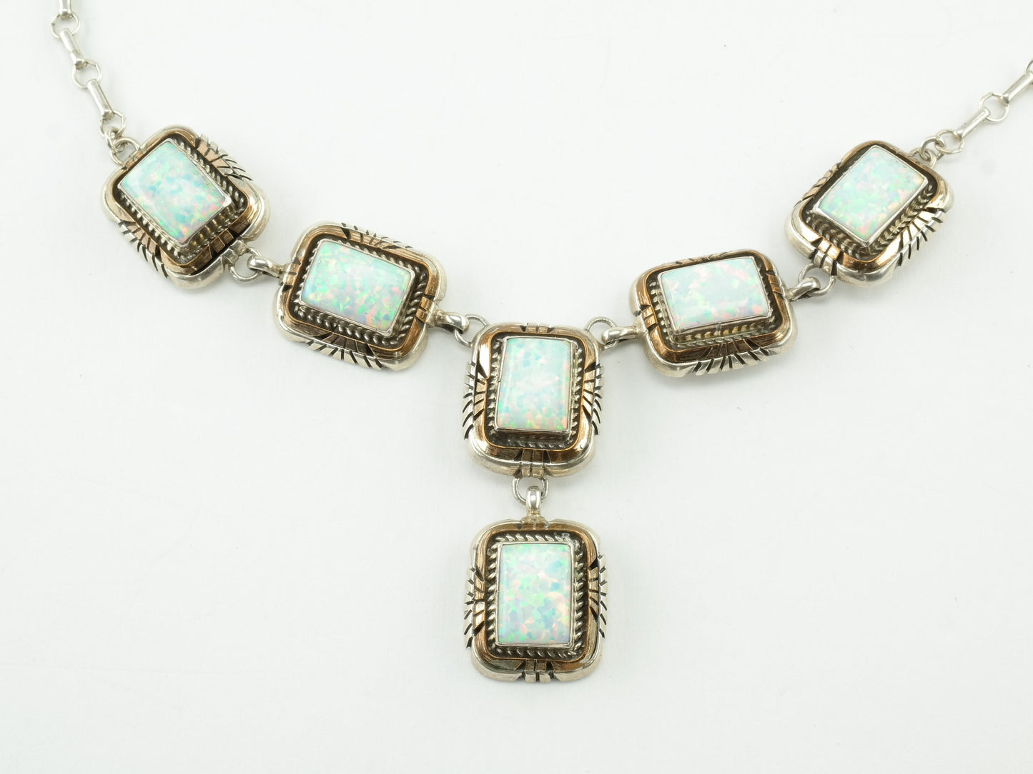 Vtg Lab Opal Sterling Silver Southwest Necklace With Gold Fill Accent