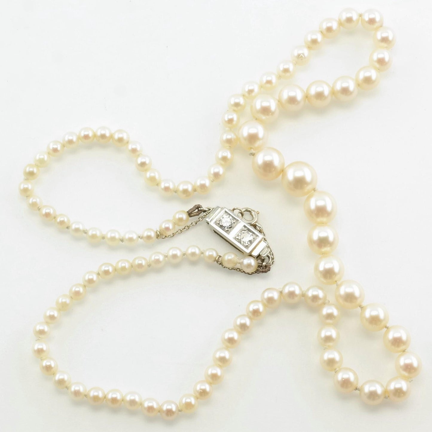 Art Deco Diamond Graduating Pearl Strand Necklace 14k White Gold 17 7/8" N1976