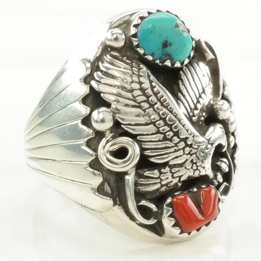 Vintage Native American Silver Ring Turquoise, Coral Eagle Sterling Red, Blue Size 12 1/4