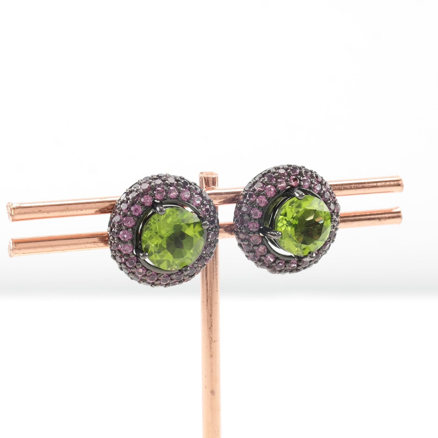 Vintage Oxidized Sterling Silver Stud Earrings Natural Peridot Garnet