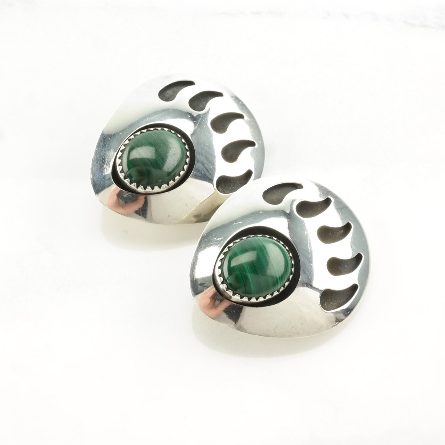 Vintage Green Malachite Bear Paw Sterling Silver Clip On Earrings