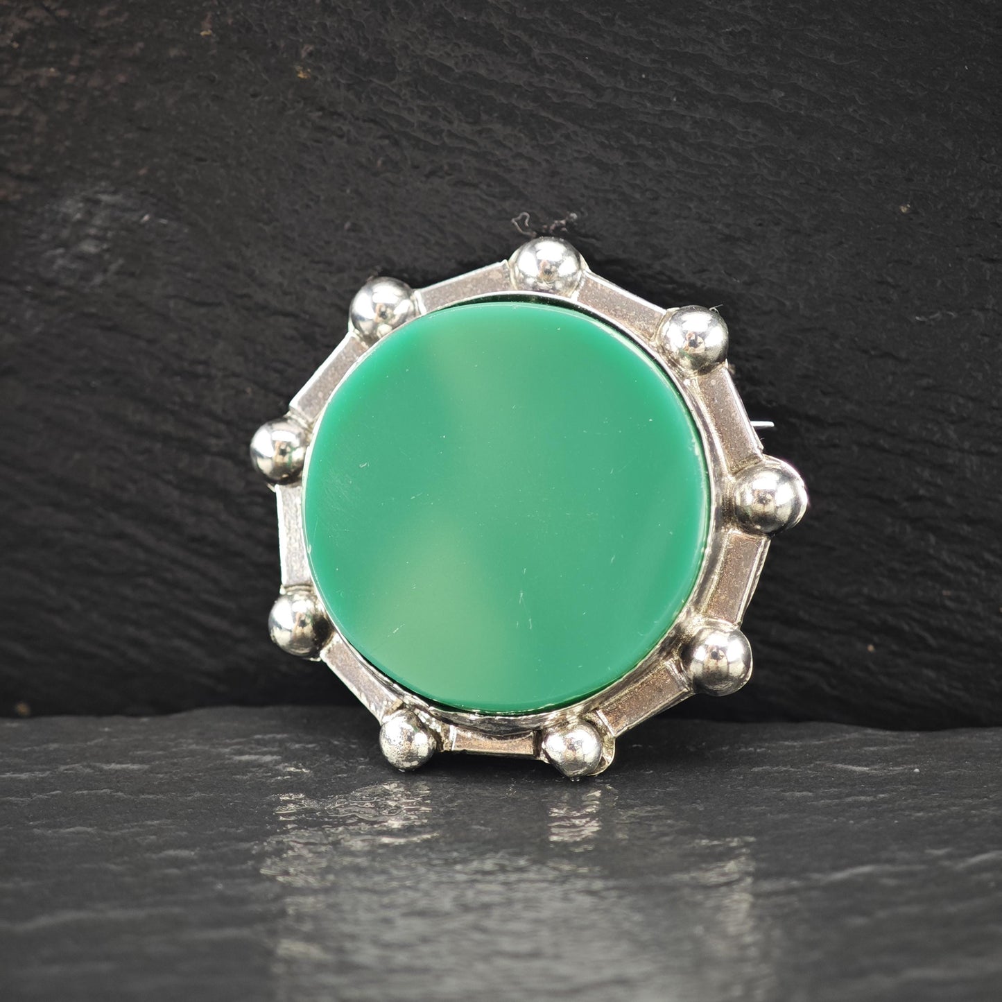 Mexico Sterling Silver Brooch Round Green Onyx