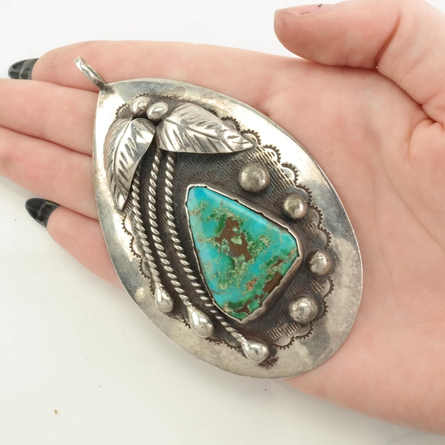 Native American Turquoise Leaf Sterling Silver Pendant