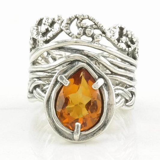 Vintage Israel Silver Ring Citrine Woven Sterling Orange Size 5 1/4