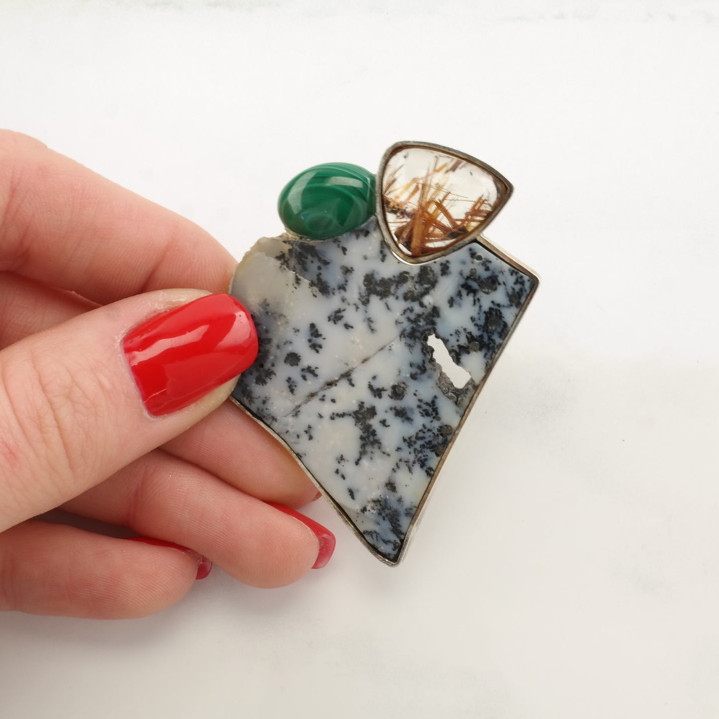 Sterling Silver Brooch Dendric Agate Malachite Rutile Quartz