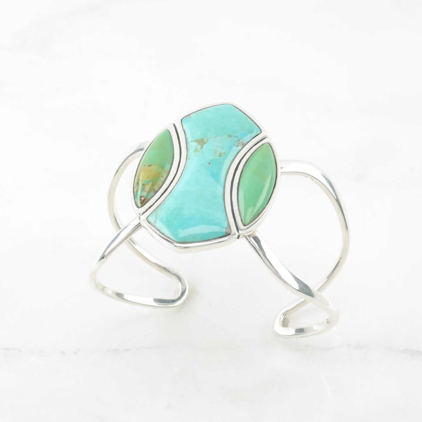 Barse Blue, Green Reconstituted Turquoise, Modernist Sterling Silver Cuff Bracelet