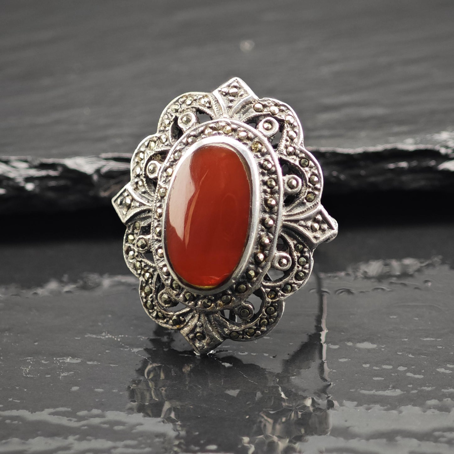 Large Art Deco Style Carnelian Cabochon Sterling Silver Ring Sz 9 1/4 R6706