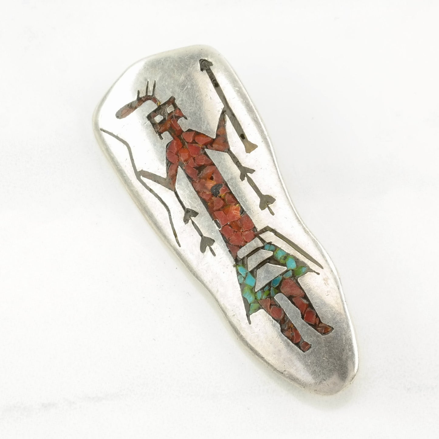 Native Crushed Coral, Turquoise Figure Sterling Silver Pendant P2284