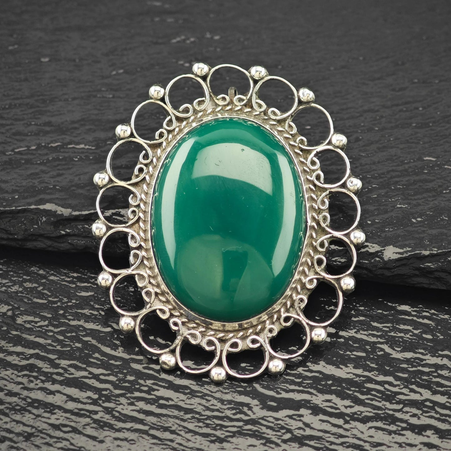Green Onyx Mexican Brooch/Pendant Sterling Silver