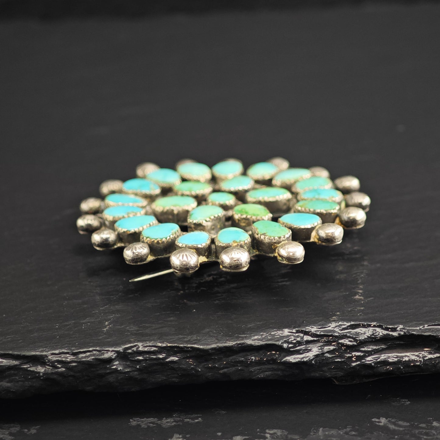 Floral Turquoise Cluster Sterling Silver Brooch
