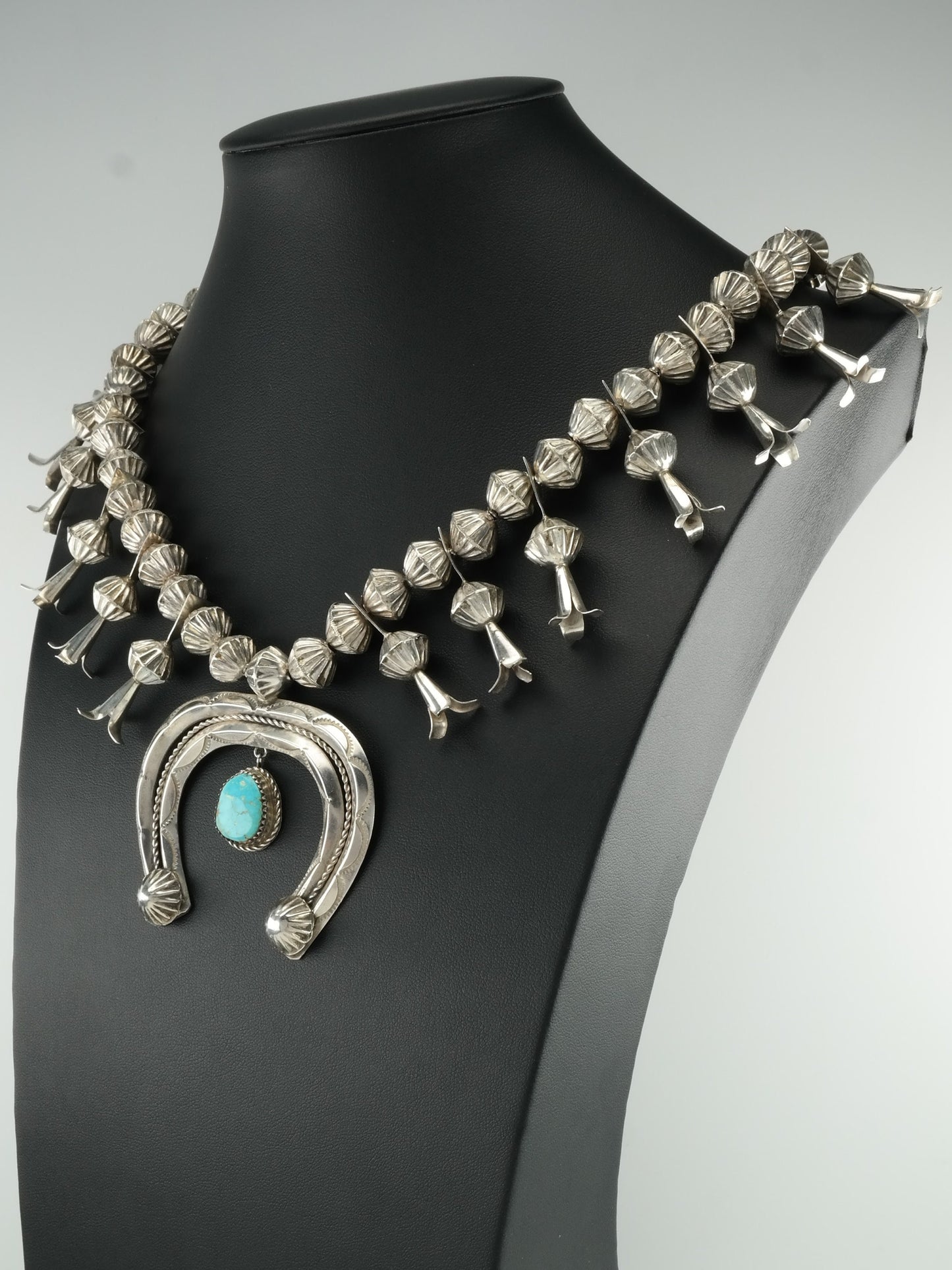 Native American Turquoise Squash Blossom Necklace Sterling Silver