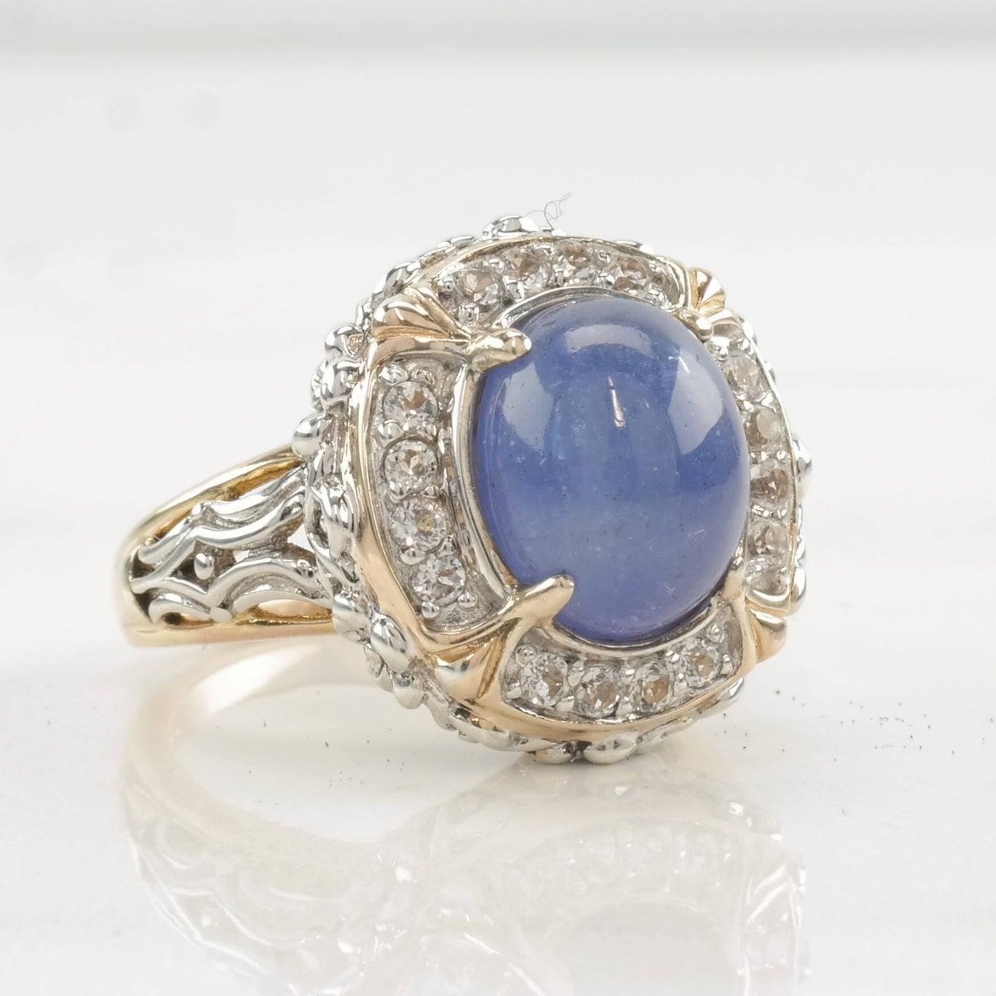 Sterling Silver Ring Tanzanite, White Topaz Two Tone Size 7