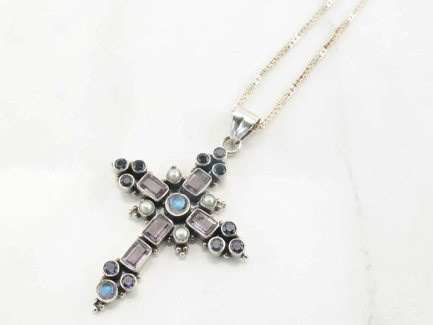 Nicky Buttler Sterling Silver Tanzanite Amethyst Moonstone Pearl Ornate Cross Necklace