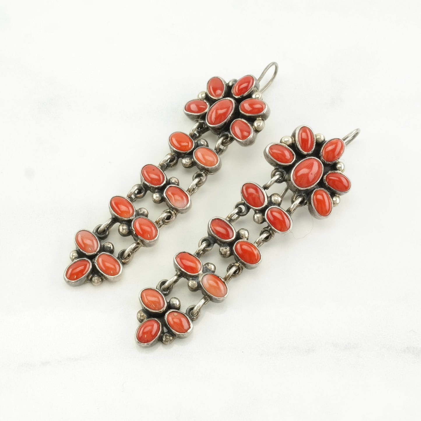 Native American Sterling Silver Red Coral Cluster, Long Earrings Fish hook, dangle