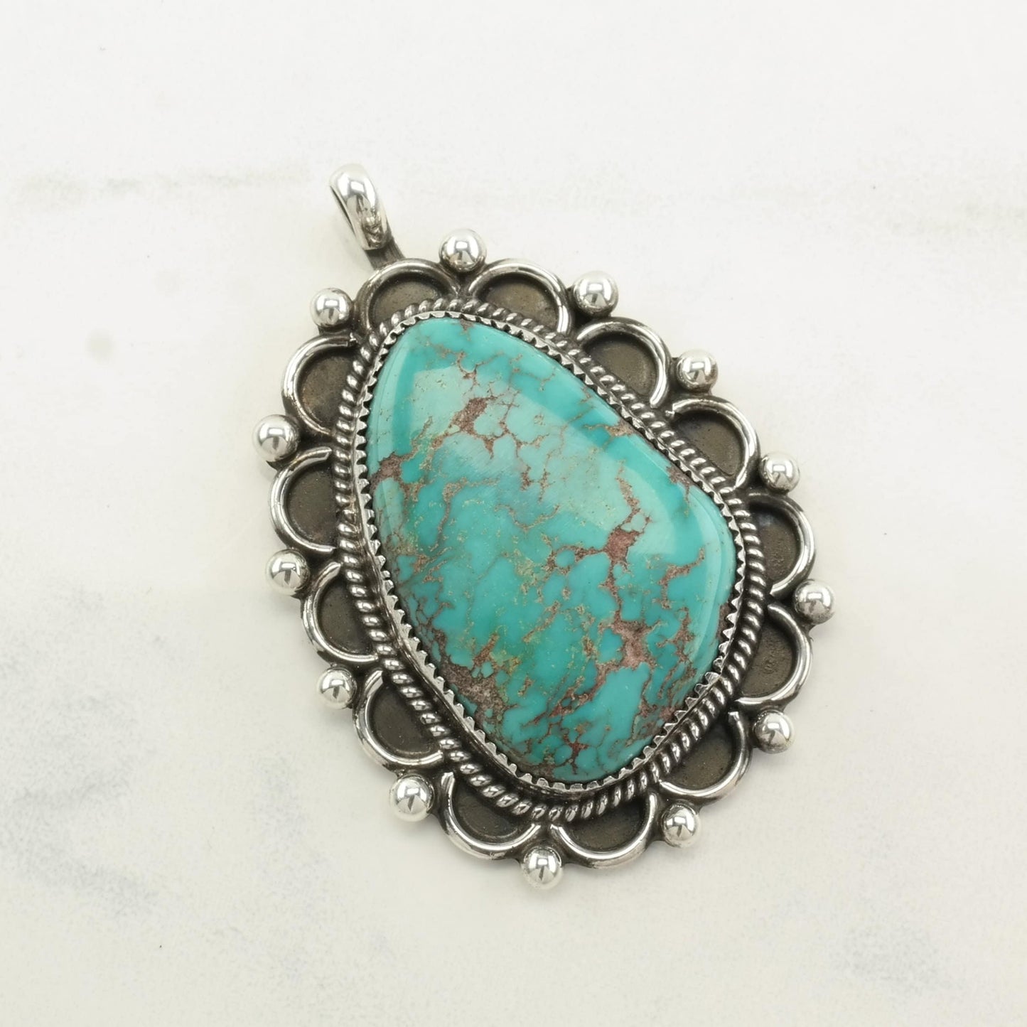 Native American Spiderweb Turquoise Scallop Sterling Silver Pendant