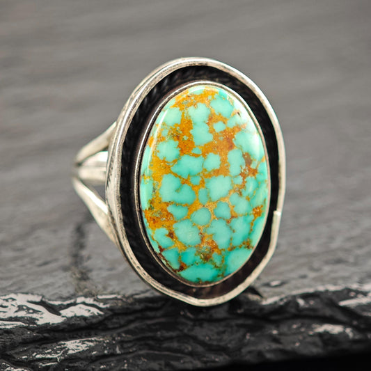 Turquoise #8 Shadowbox Oval Ring Sterling Silver