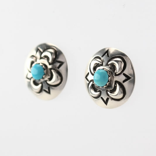 Native American Sterling Silver Turquoise Stamped Earrings Stud