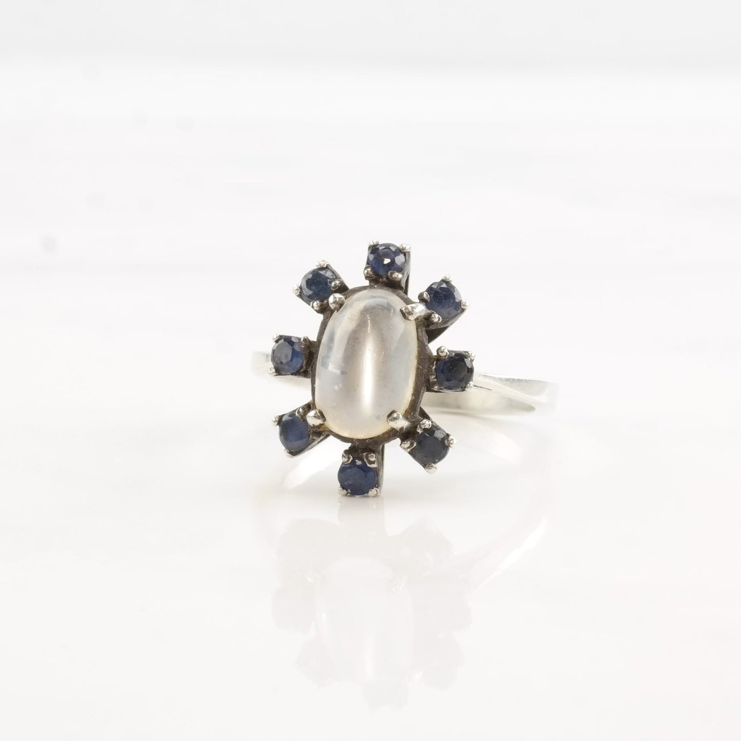 Mid Century Silver Ring Moonstone Sapphire Flower Sterling Size 7 1/4