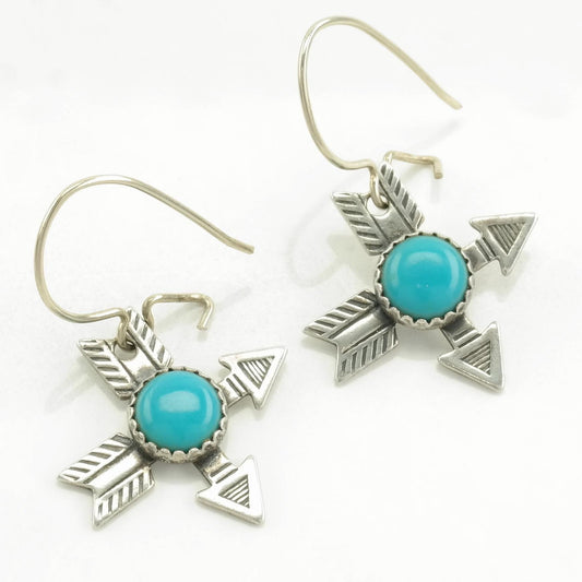 Fred Harvey Era Sterling Silver Blue Block Turquoise Arrow Earrings Fish Hook, Dangle