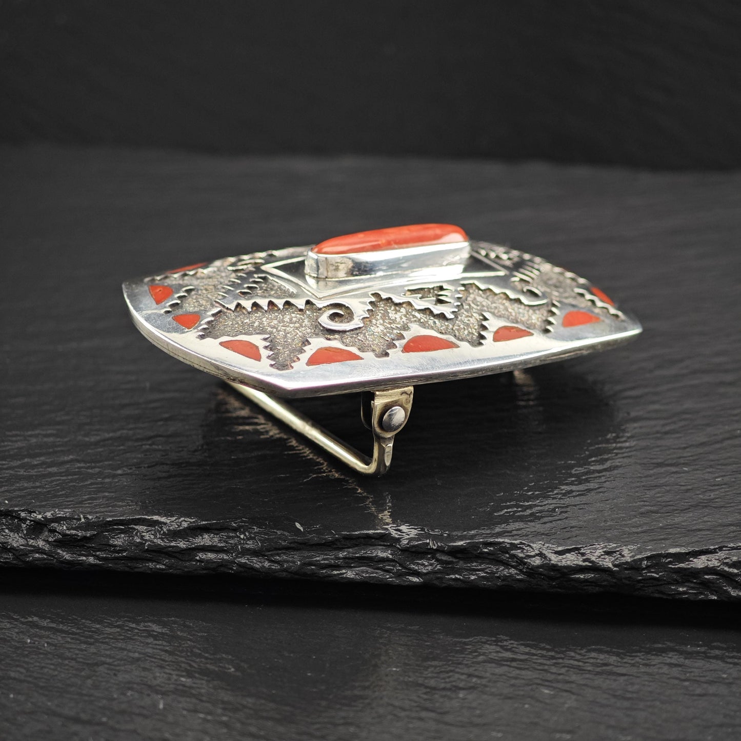 Red Coral Belt Buckle by Michael Perry Sterling Silver Native American Jewelry