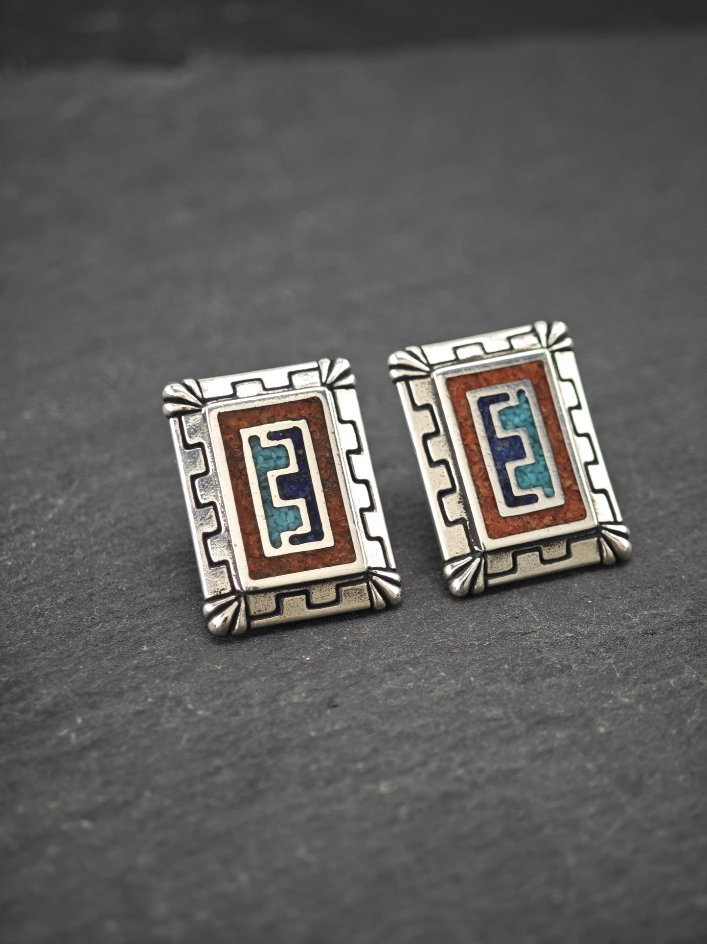 Vintage Carolyn Pollack, Inlay Sterling Silver Stud Earrings