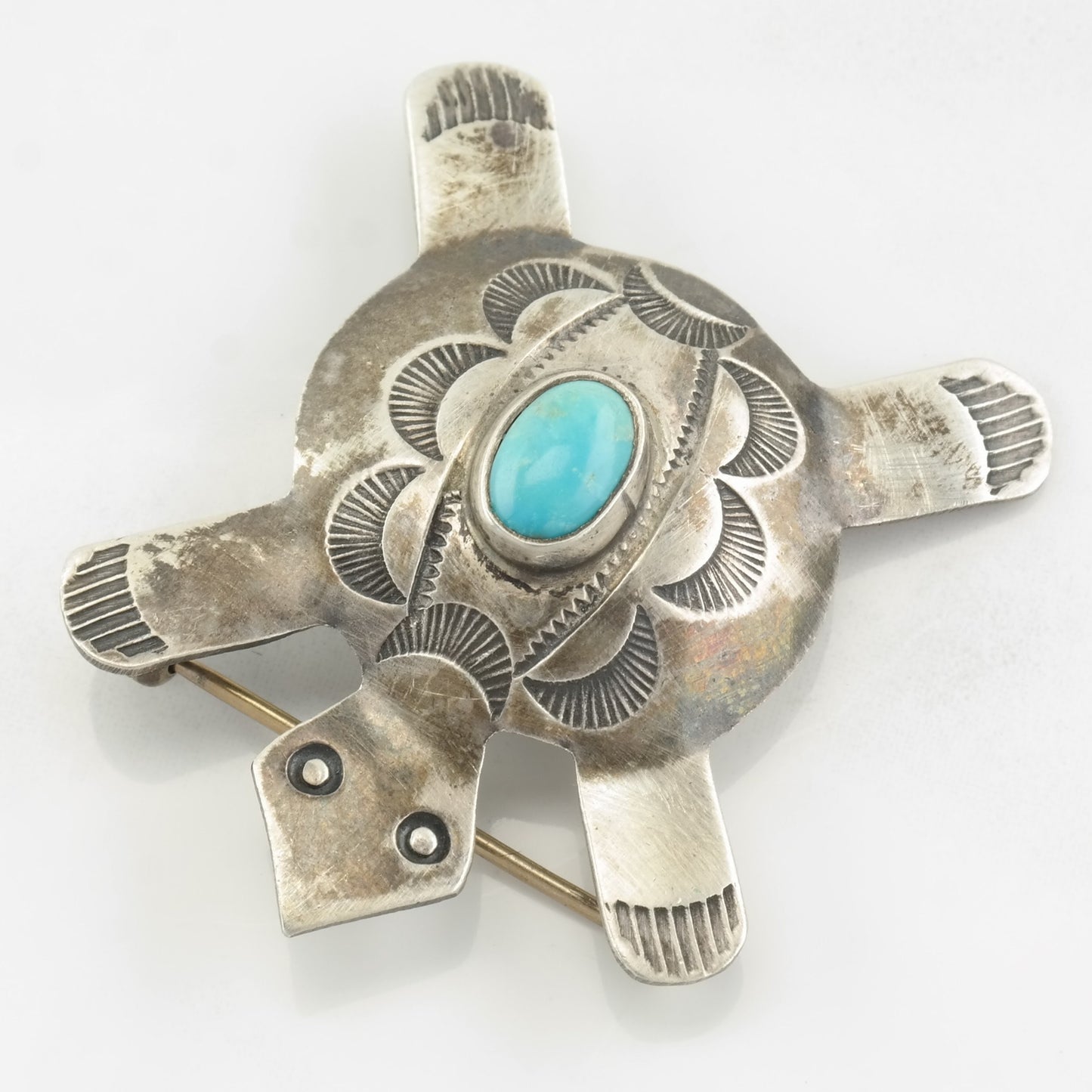 Native American Brooch Turtle, Stamped Turquoise Sterling Silver