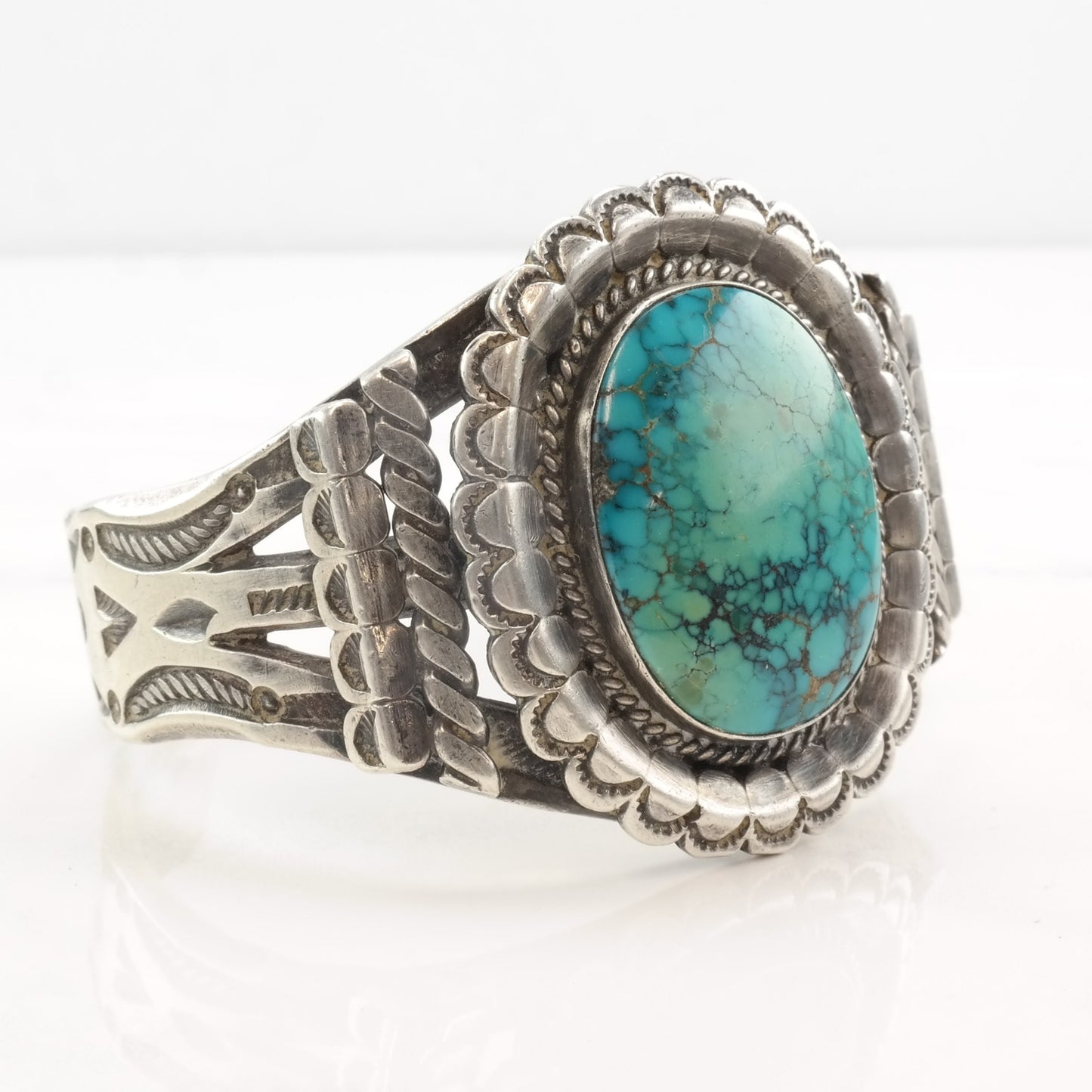 Native American Sterling Silver Turquoise Oval Spiderweb Ingot Heavy Stamping Cuff Bracelet