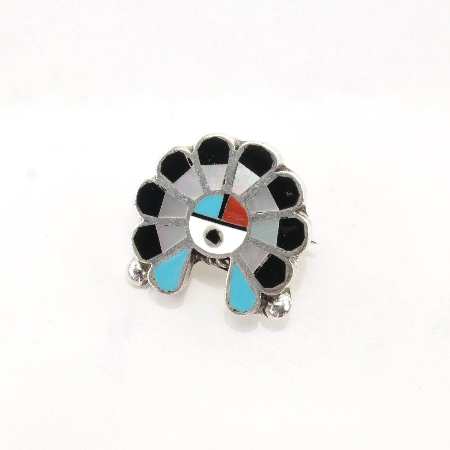 Native American Sterling Silver Brooch Pendant Inlay MOP Turquoise Coral Onyx