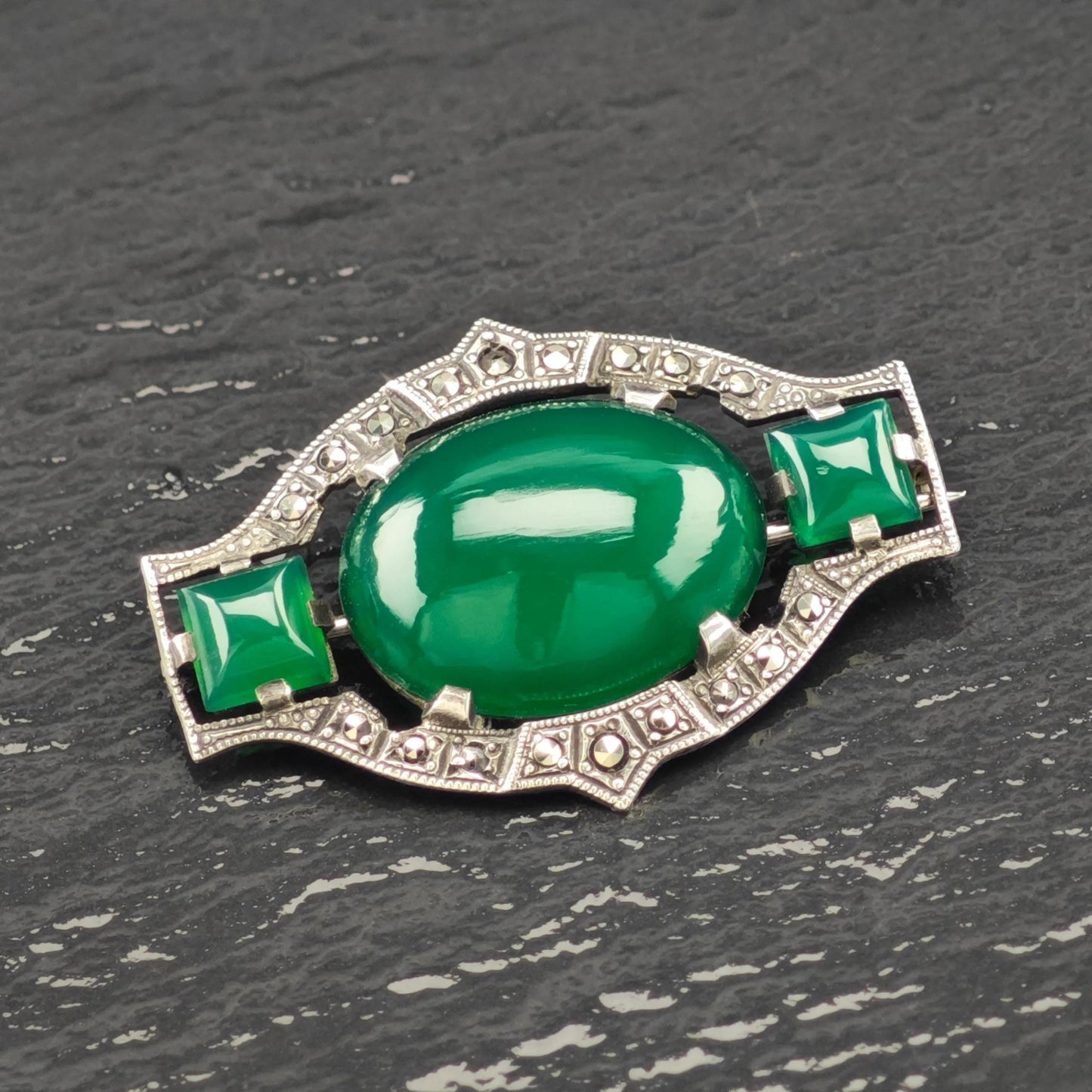 Art Deco Sterling Silver Brooch Oval Green Onyx, Marcasite B2141