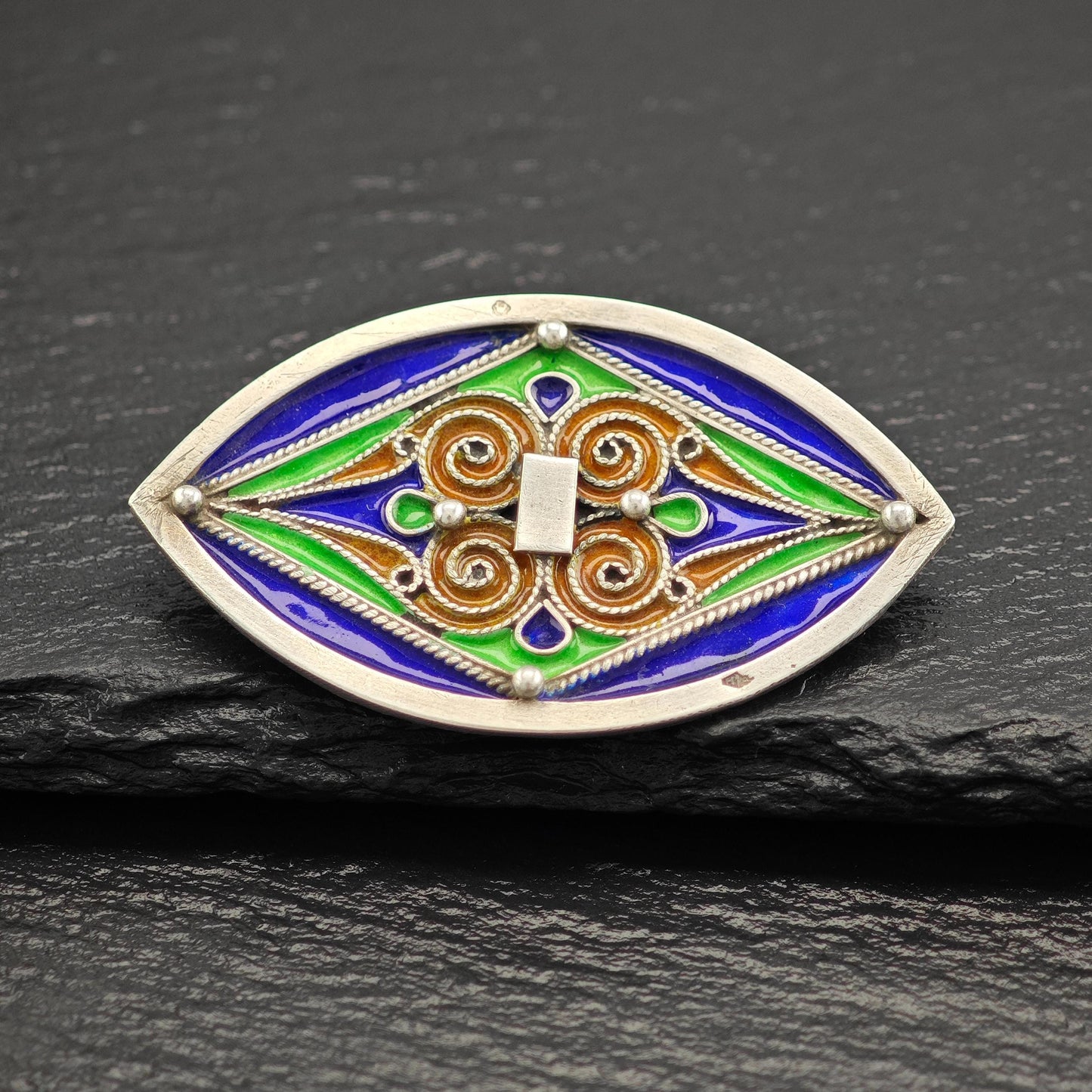French Sterling Silver Brooch Geometric Multi-Color Enamel Design B2095