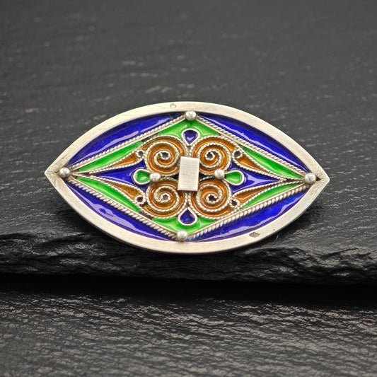Vintage French Sterling Silver Brooch Geometric Multi-Color Enamel Design