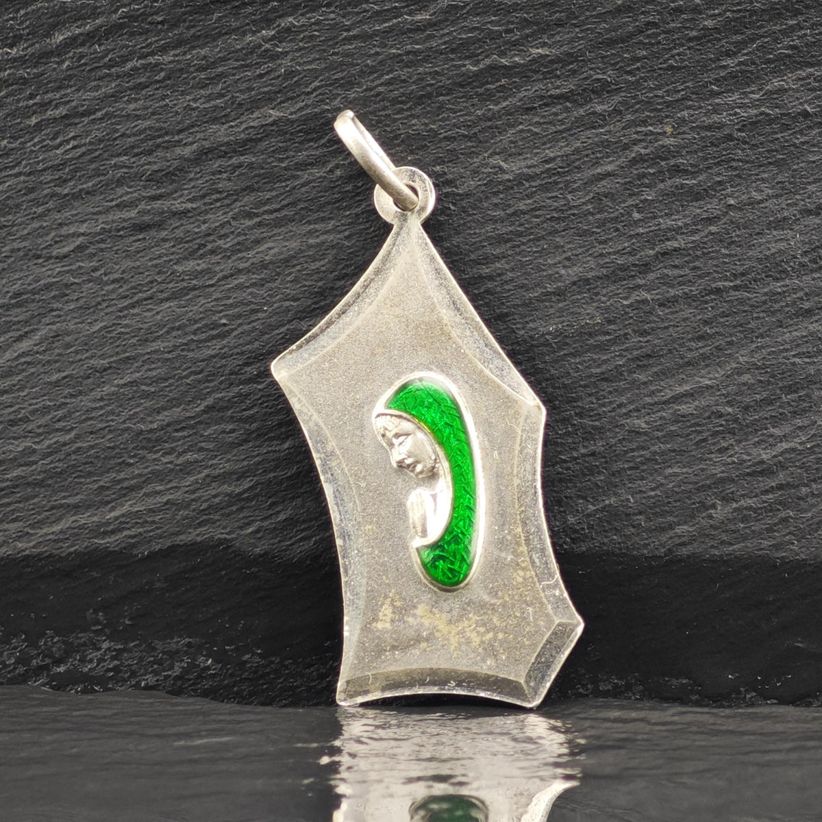 Italian Virgin Mary Green Enamel 800Silver Pendant P3121